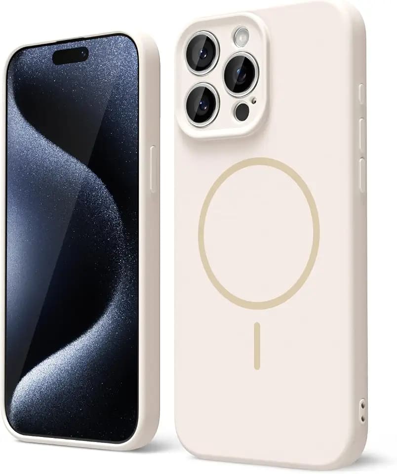 oakxco for iPhone 15 Pro Case Silicone Mag Safe, Magnetic Slim Thin Phone Case Compatible with Magsafe, Women Girls Cute Girly Aesthetic Soft Rubber Gel Safecase with Camera Cover, Beige