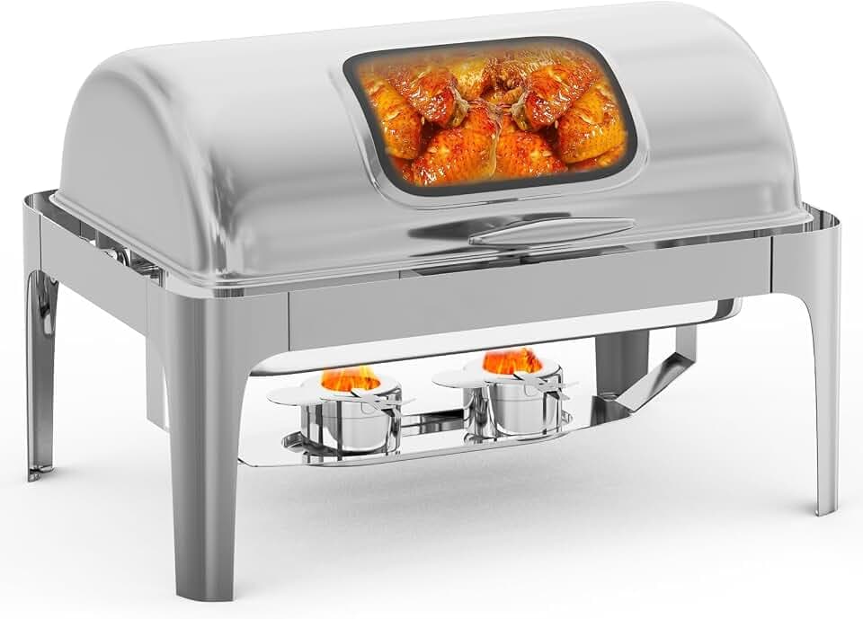 Roll Top Chafing Dish Buffet Set Rectangular, 9 QT Stainless Steel Catering Food Warmers with Glass Window for Wedding, Parties, Banquet, Events, Full Size, Silver