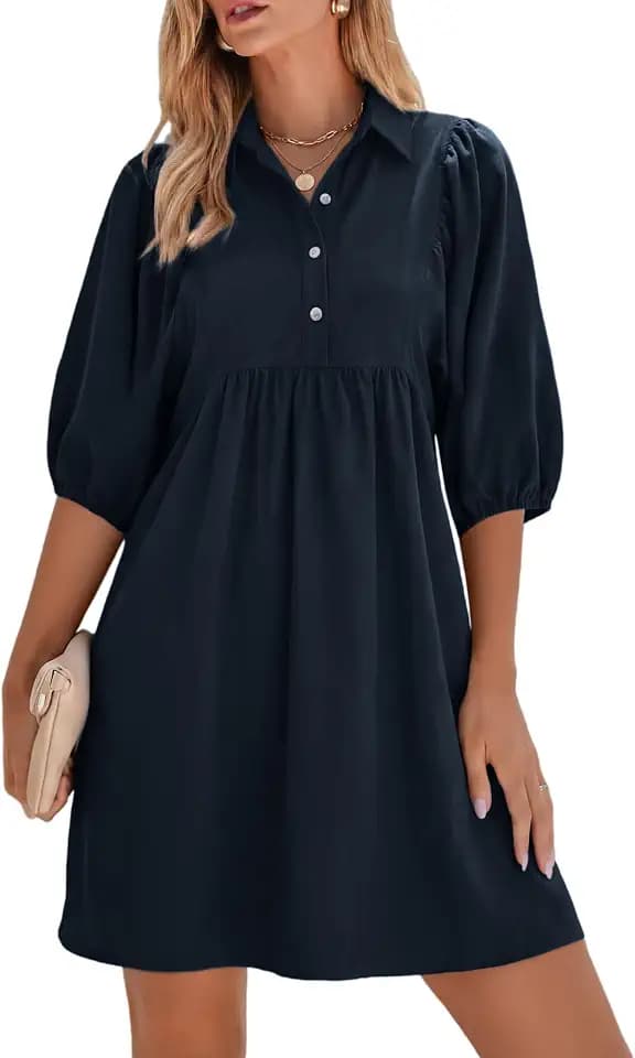 FENSACE Womens Casual Shirt Dress Puff Sleeve Button Down Shift Collared Neck Dresses with Pockets