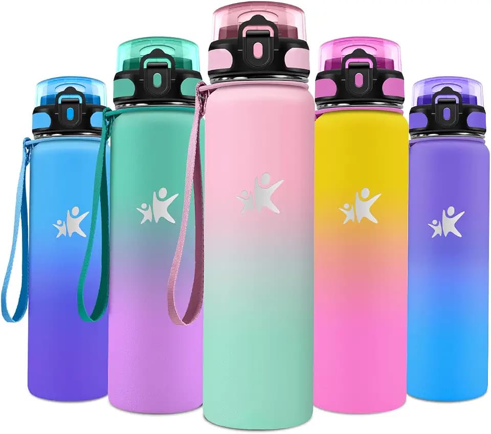 Trinkflasche Edelstahl 1L, Kohlensäure Geeignet, Thermoskanne mit Strohhalm, BPA-Frei, Isolierflasche für Sport, Laufen, Fahrrad, Schule