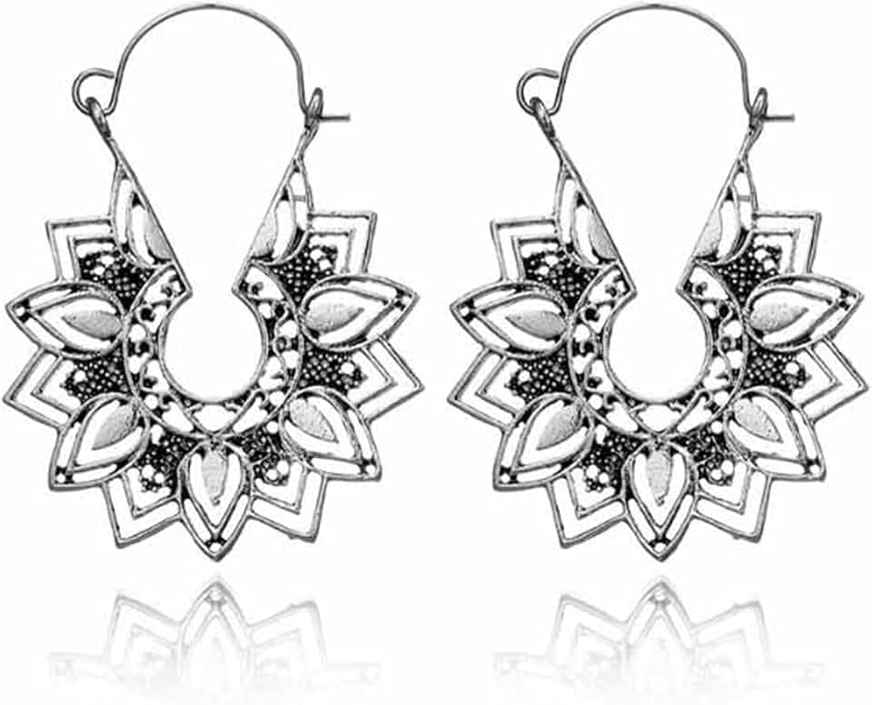 Boho Antique Carved Flower Dangle Drop Earrings for Women Vintage Retro Handmade Hollowed Antiqued Bronze Floral Shaped Geometric Gold Silver Plated Hoop Earrings for Ethnic Style Jewelry Gifts