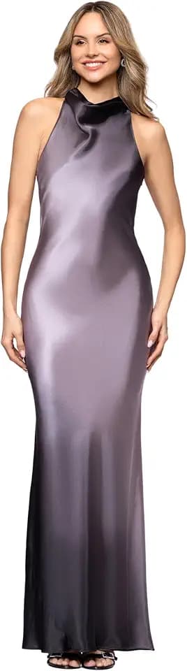 Betsy & Adam Women's Satin Cowl Neck Tie Back Ombre Floor Length Dress