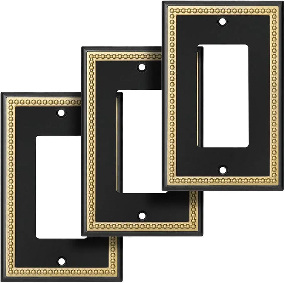 Pearled Frame Decorative Wall Plate Switch Plate Outlet Cover (Single Decorator 3PK, Black & Dark Golden)