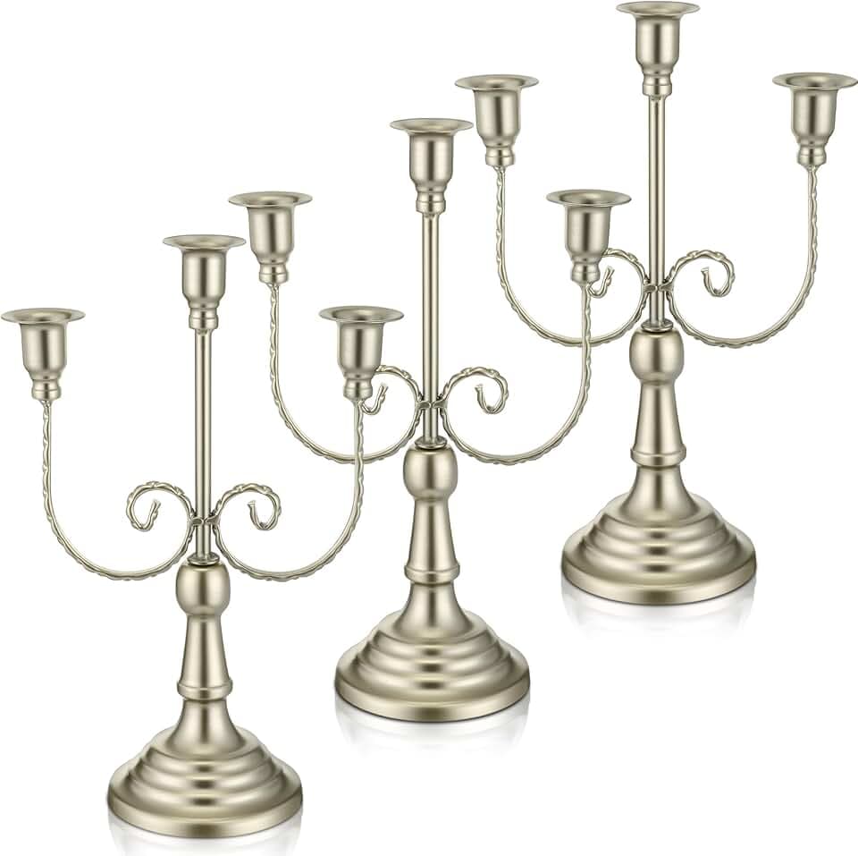 Dandat 3 Pcs 3 Arm Metal Candelabra Candle Holder, Retro, 11.8", Matte