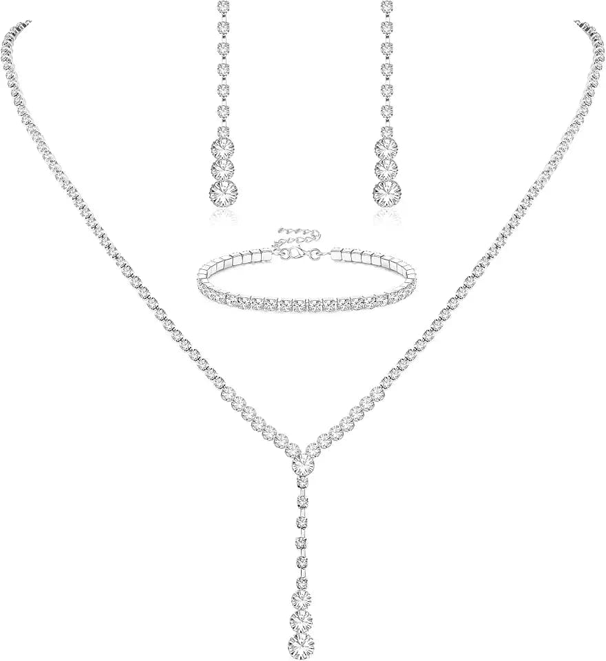 Crystal Silver Necklace and Earrings with Crystal Bracelet for Women