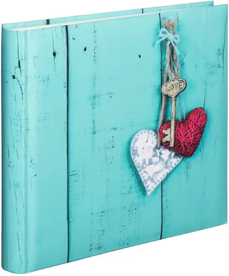 Hama Jumbo Fotoalbum, Hochzeitsalbum zum einkleben mit 100 weißen Seiten für bis zu 400 Fotos im Format 10x15, Album zum selbstgestalten, 30x30 cm, XXL Fotobuch mit Herz-Motiv in Vintage Stil, türkis