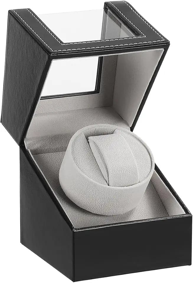 Automatic Single Watch Winder with Quiet Japanese Motor,AC Adapter or Battery Powered,Premium Leather Exterior and Soft Flexible Watch Pillows for Men's and Women's Watches