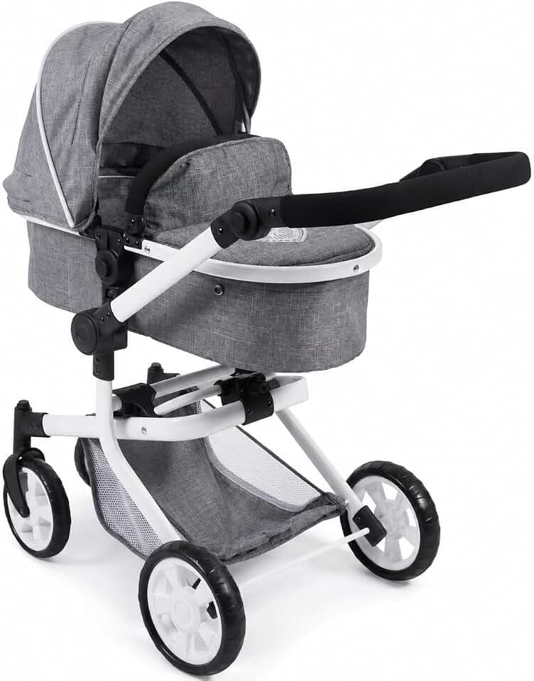 Bayer Chic 2000 - Puppenwagen Mika, 2in1 Kombipuppenwagen für Kinder von 4 bis 8 Jahren, Jeans grau, 73 x 41 x 82 cm