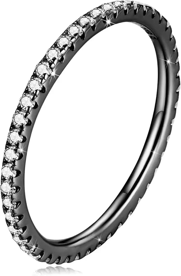 2MM Thin Band Eternity Ring 925 Sterling Silver Black Cubic Zirconia Engagement Ring Wedding Anniversary Stackable Ring For Her