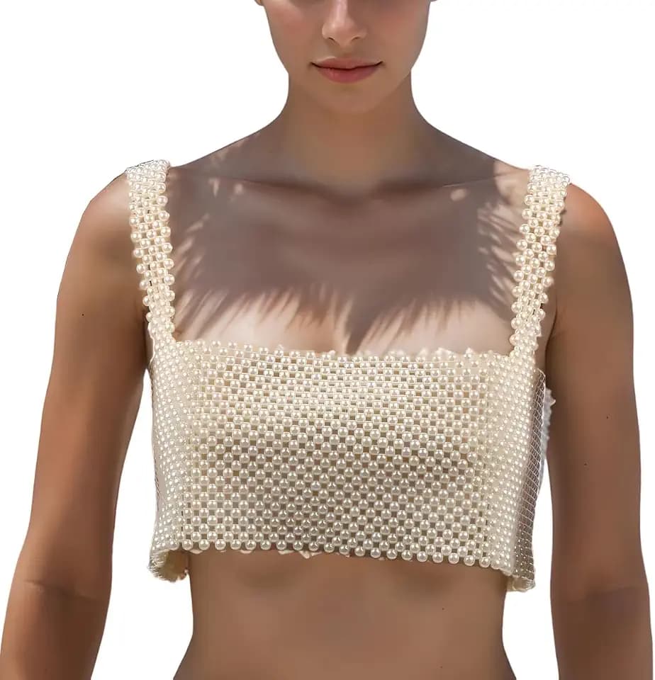 Pearl Body Chain for Women White Beads Statement Chunky Necklace Cover Up Crop Top Bra Jewelry Costume Accessories