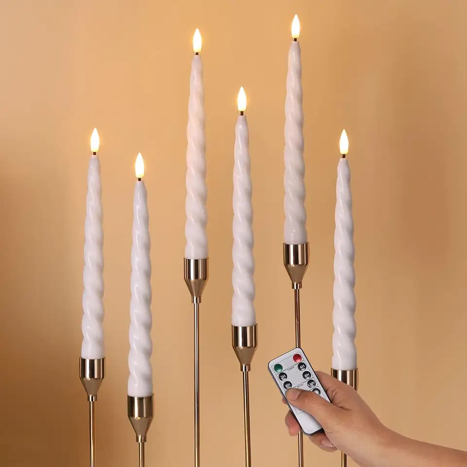 White Spiral Flameless Taper Candles with Remote Set of 6