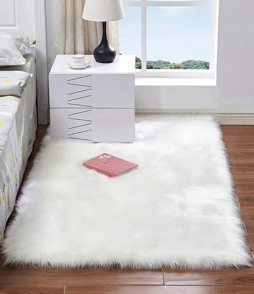 Weiß Flauschig Teppich 90x160cm Hochflor Teppiche für Schlafzimmer