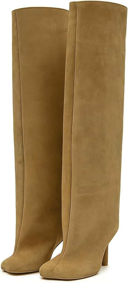 Knee High Boots Wide Calf Women Long Suede Square Toe Bootie Tall Cute Slouchy Fashion Boots Ladies Fall Booties