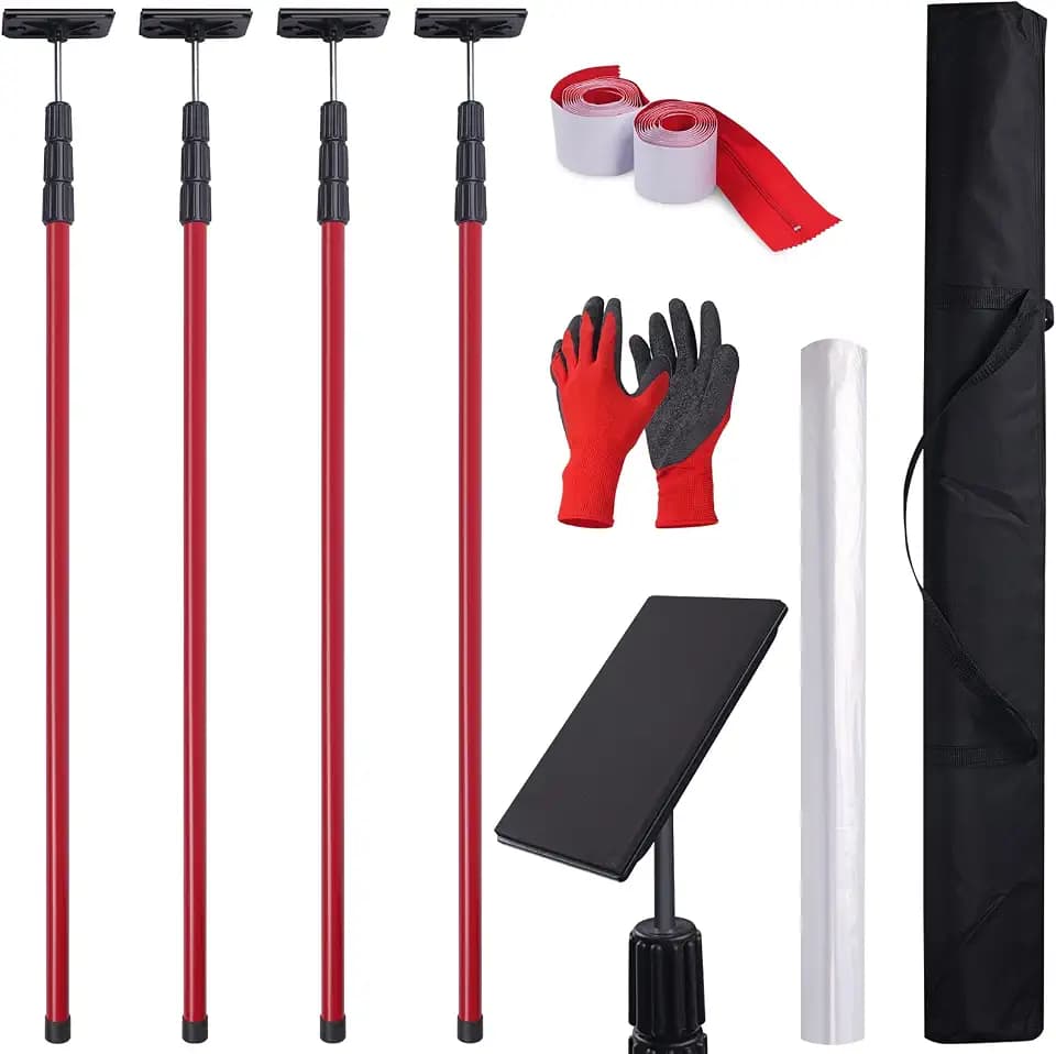 10FT Dust Barrier Pole Kit 4 Pack with Plastic Sheeting & Zipper Door