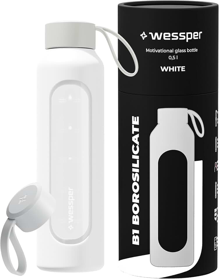 Wessper Trinkflasche Glas 500ml, Flasche mit Hydrationsskala - Weiß