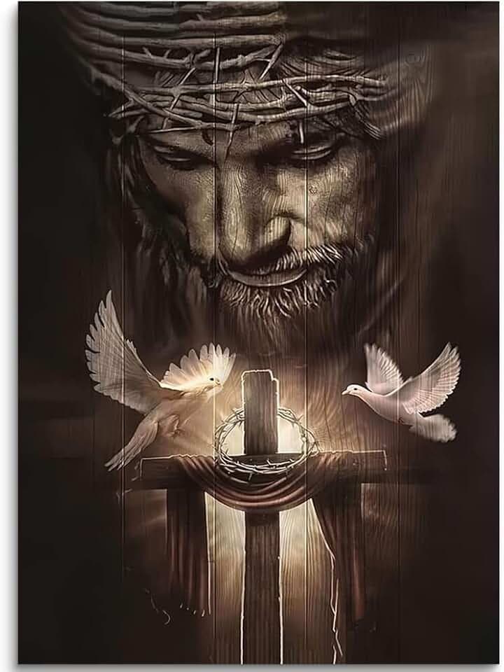Christlicher Löwe Leinwandbild - Jesus, Kreuz und Friedenstaube - Wanddekoration, Kunstwerk, Poster für Zimmer - Fertig zum Aufhängen - 80 x 120 cm