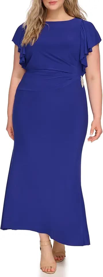 Jessica Howard Women's Ruched Flutter Sleeve Boat Neck Maxi Gown