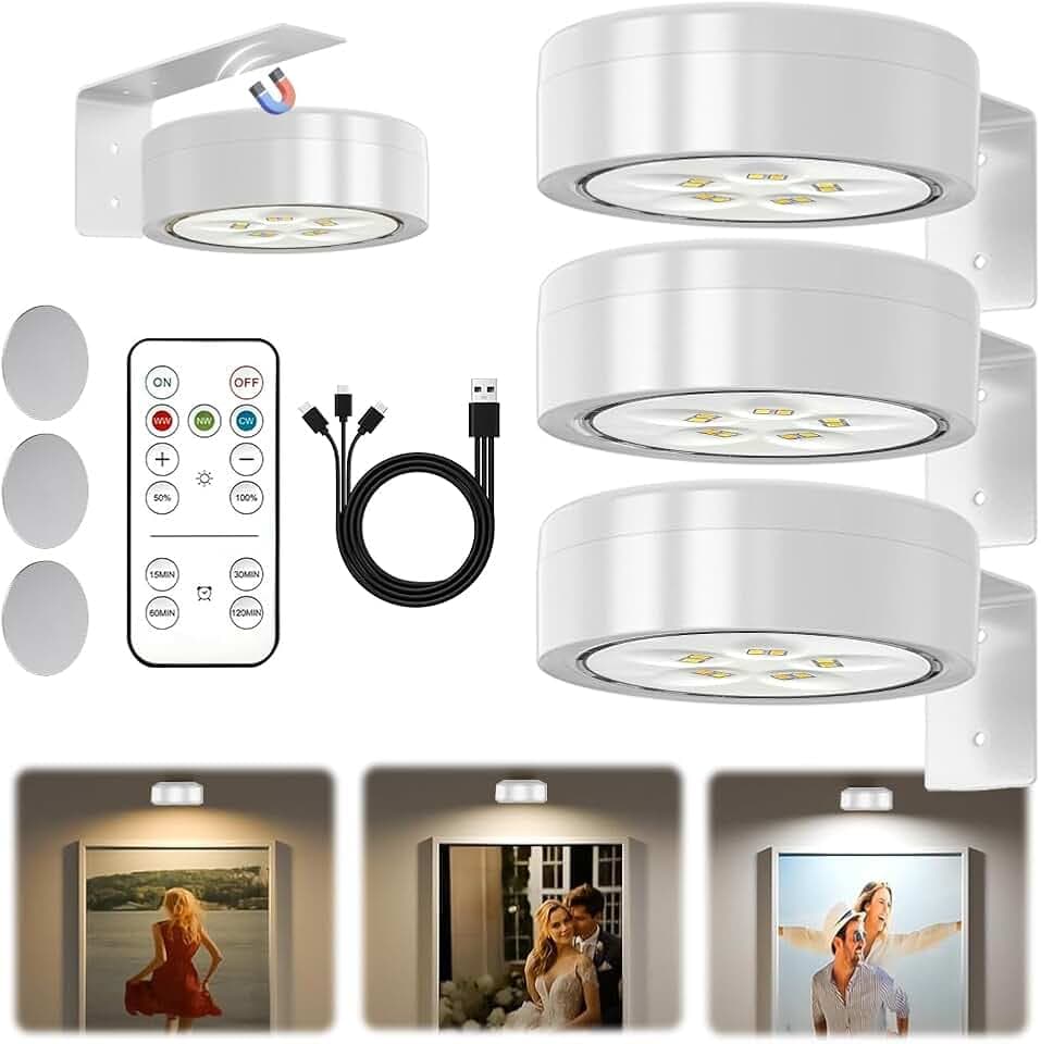 Bildbeleuchtung Kabellos mit Fernbedienung,3 Stück Magnetisches LED Bilderleuchte Dimmbar & Wiederaufladbar,Bild Licht 3 Lichtfarben,Bilderrahmen Licht,Bilderlampe für Wand,Regal,Bilder (Gewöhnlich)