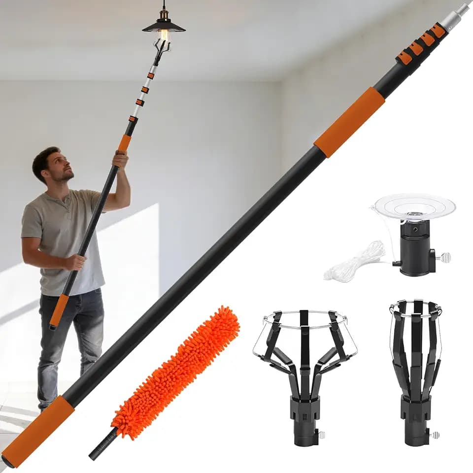Buyplus 26FT Reach Light Bulb Changer for High Ceilings with 5-20FT Telescopic Extension Pole, Easy Flip-Tab Lock Bulb Changing Pole Extension with Basket and Suction Cup for Recessed Lights