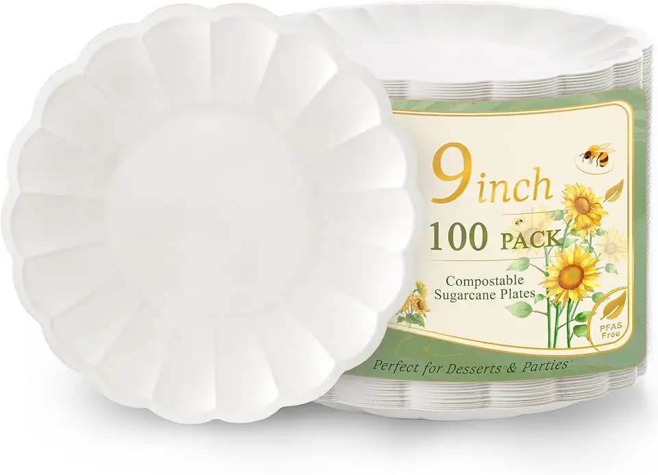 WELLIFE 100 Pack Party Plates 9 Inch Paper Plates White Compostable Plates