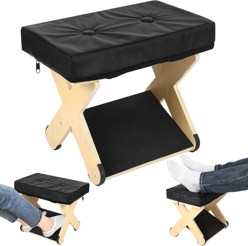 Double Step Foot Rest Under Desk, Ergonomic Wood Foot Stool with PU Cushion Top, Desk Foot Rest for Office Chair, Under Desk Footrest Stool for Work, Leg Rest Support (Natural Wood)