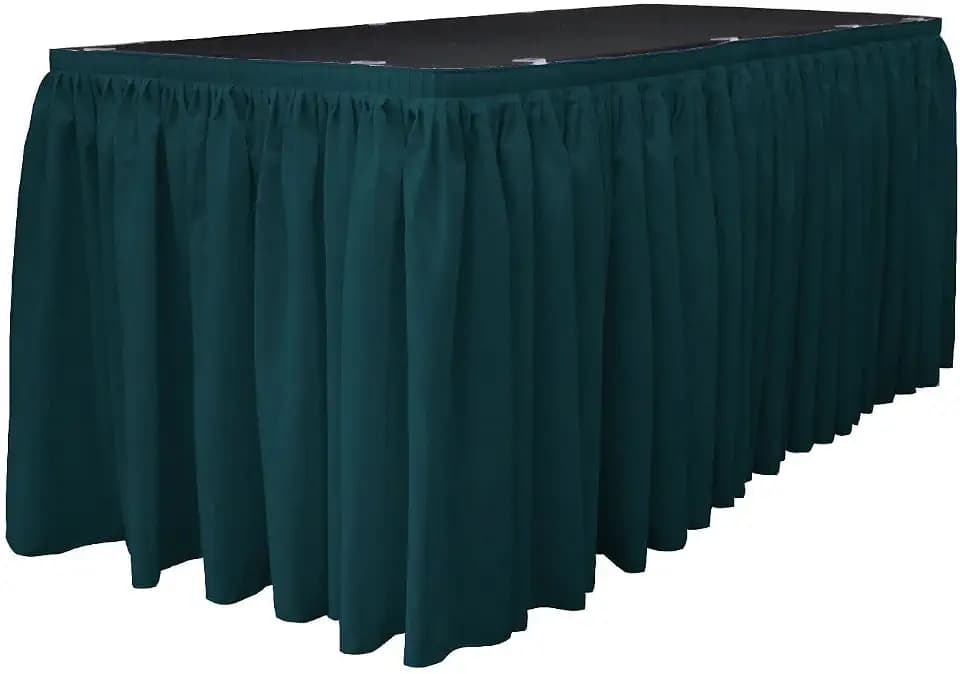 LA Linen Polyester Poplin Table Skirt for Rectangle Tables, Pleat Fabric for Wedding Banquet Trade Show, 14-Foot by 29-Inch Long with 10 L-Clips, Teal Dark