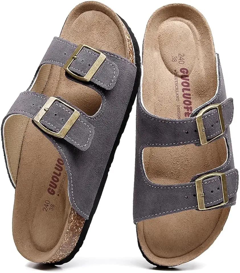 Cork Footbed Sandals for Women with Double Buckle Straps - Arch Support,Genuine Suede Footbed and Adjustable Straps for a Custom Fit,Comfortable Summer Sandals