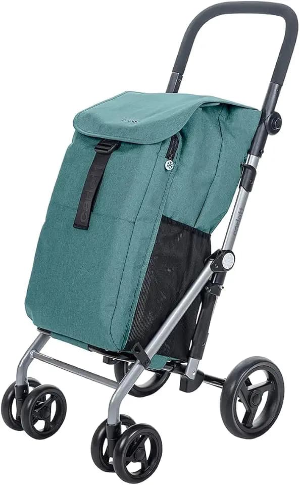 Carlett Einkaufstrolley mit 4 Rädern, faltbar, 53 L Tasche bis 15 kg + 10 L Thermofach, höhenverstellbarer Griff, Sicherheitsbremse, auf 2 Räder umstellbar – Classic Duo, Grüne