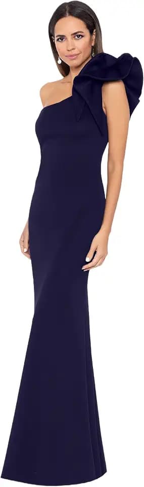 Betsy & Adam Women's Long One Shoulder Sleeveless Sheath Scuba Gown, Navy, 10