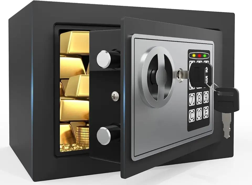 PATRON Small Safe Box for Money with Code and Keys，Solid Mini Safe for Kids with Digital Electronic Security Keypad for Home Office Hotel,Personal Money Safes for Cash,0.236 Cuft (Black)