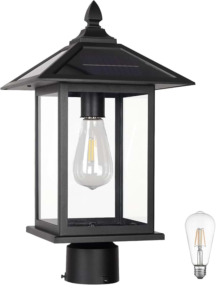 Solar Outdoor Post Light Fixture，17" Dusk to Dawn Modern Exterior Pillar Lantern with Black Finish & Solid Tempered Glass，Waterproof Outside Pole Light for Garden, Backyard, Courtyard