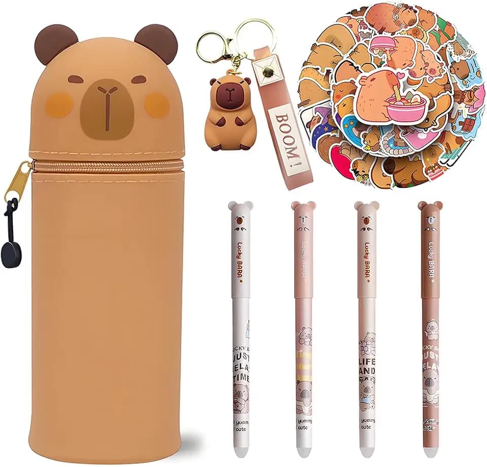 Capybara Silikon Federmäppchen Ausziehbar und Faltbar, mit Radierbarer Stift Schlüsselanhänger und Aufkleber Set, 2-in-1 Kawaii Stiftetasche, Tischstifthalter für Schulbedarf, Kindergeschenk (C2)