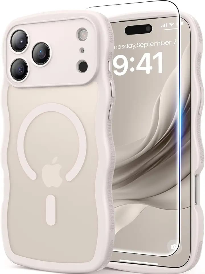 DOMAVER for iPhone 17 Pro Case for Women, 1X Screen Protector+1X Wrist Strap, [Compatible with MagSafe] [Full Camera Protection] Cute Wave Frame Matte Phone Case for iPhone 17 Pro 6.3", Stone White