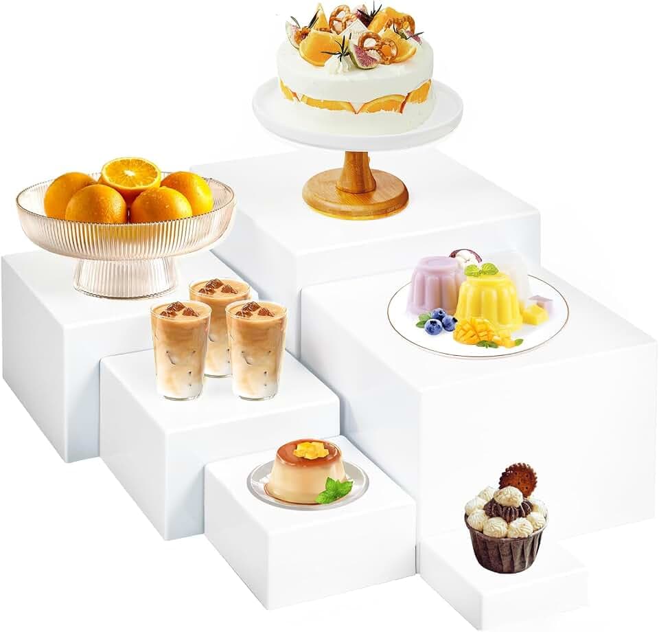 RETON 6 Stück Buffet-Erhöhungen, Acryl Lebensmittelerhöhungen für Buffettisch, 3x4x5x6x7x8 Zoll, weißes Lebensmittelständer Set mit hohlen Böden, Würfelboxen für Kuchen Hochzeit Party