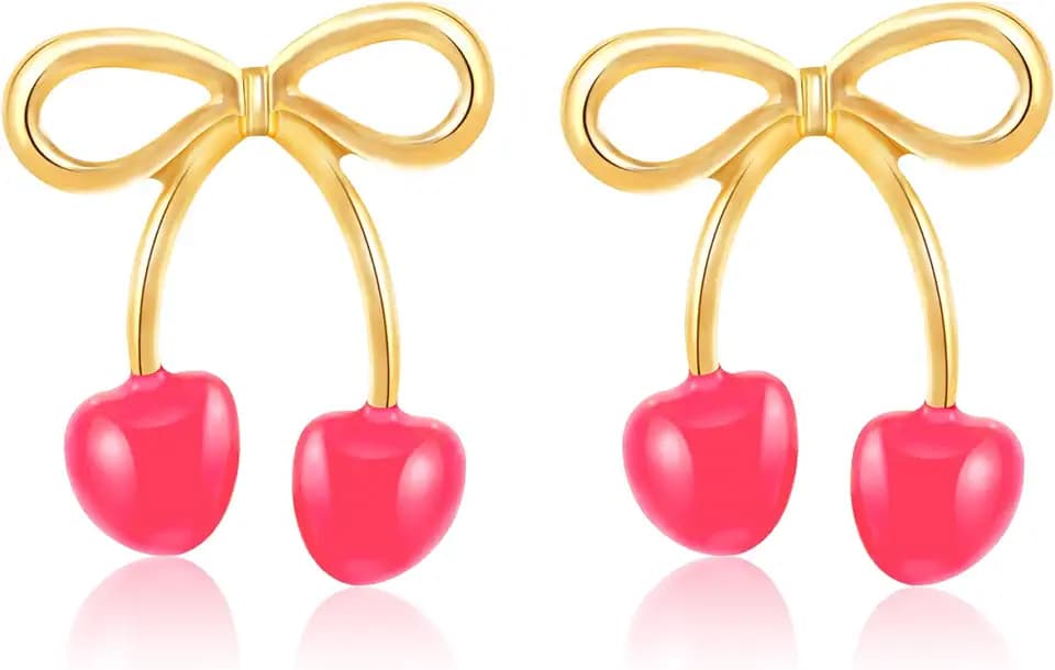 Dangle Gold Bow Earrings for Women 14K Gold Plated Bow Knot Huggie Stud Earrings Elegant Cherry Earring Sun Moon Star Pearl Bowknot Ribbon Flower Silver Gourd Hoop Trendy Party Jewelry Gift for Women