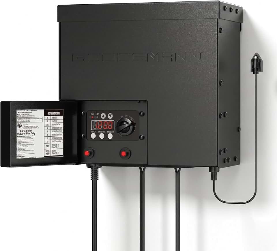 GOODSMANN Low Voltage Transformer 600W Landscape Lighting Power Pack with Timer Photo Eye for Outdoor Lights 120V AC to 12V AC 9111-60001-01A