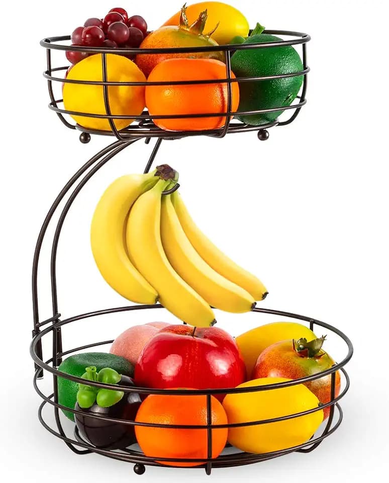 2-stöckiger Obstkorb mit Bananenhalter, Obstschale, Gemüsekorb, aus Metall, stehende tägliche Küchenaufbewahrung, Obstkorb, Obstständer, Bronze
