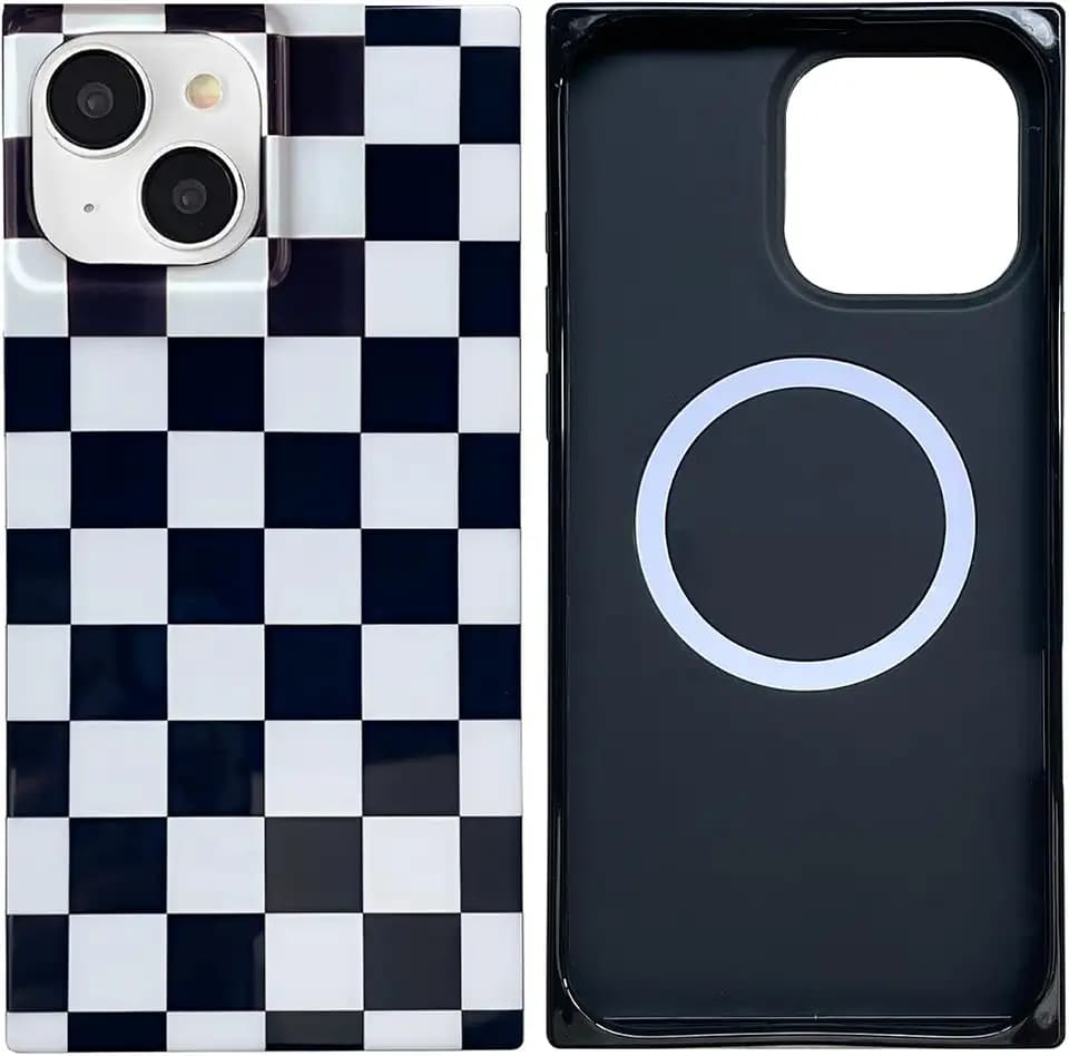 Checkered Strong Magnetic Rectangle Case for iPhone 15 6.1"[Compatible with MagSafe] Black White Gingham Checkerboard Trendy Cool Girl Classy Protective Cover for iPhone 15 6.1in