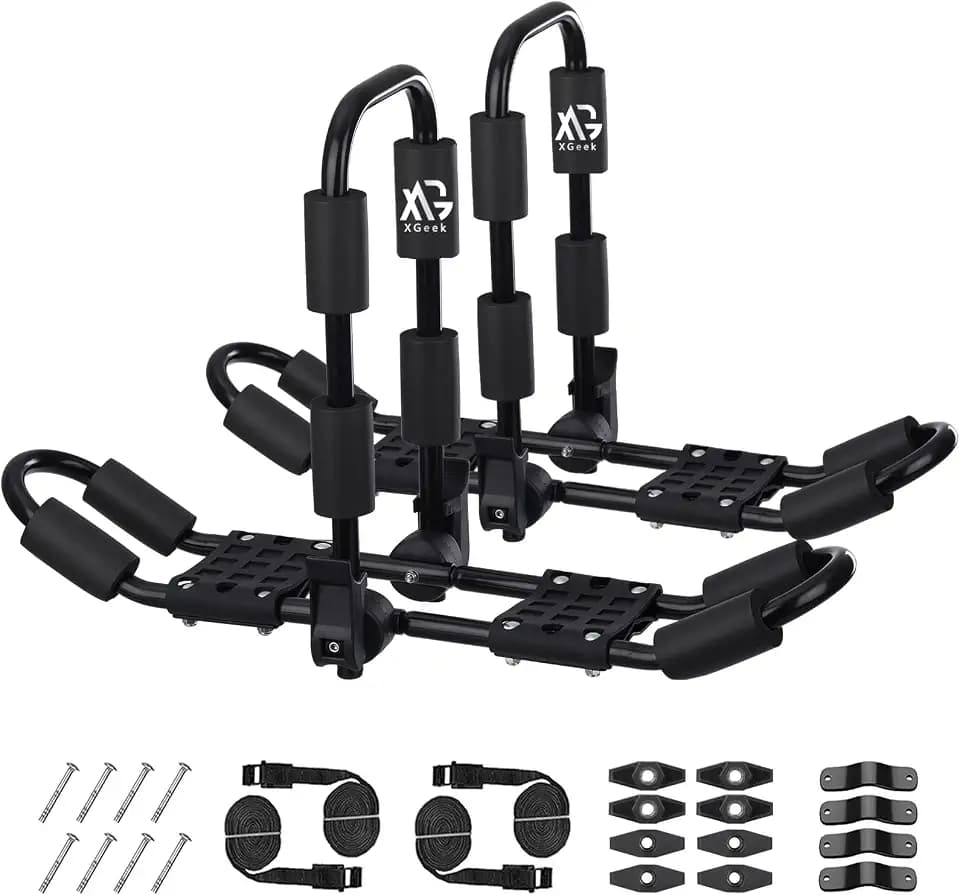 XGeek Kayak Roof Rack 4-in-1 Set of 1 for Kayak, Surfboard, Canoe and Ski Board Rooftop Mount Carrier Folding Adjustable Bilateral J-Style Rack on SUV, Car and Truck