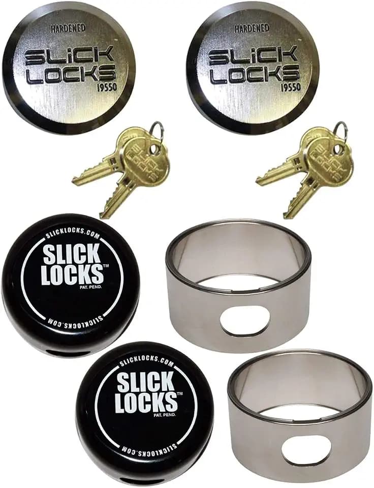 Slick Locks Includes: (2) Hockey Puck Locks (keyed Alike), (2) Spinners, & (2) Covers
