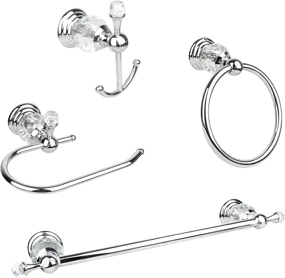 Chrome Crystal Bathroom Hardware Adjustable 24 Inch Towel Bar Set Toilet Paper Holder Towel Ring Coat Hooks Bathroom Accessories 4 Pieces Wall Mounted