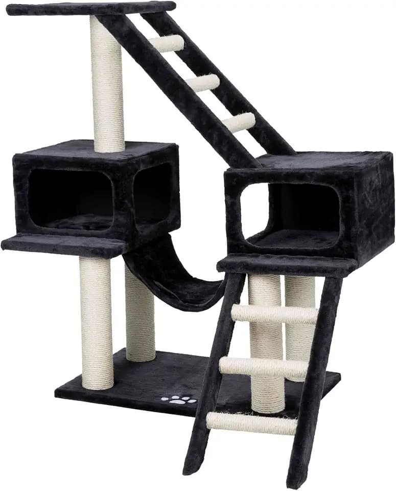 TRIXIE Malaga Cat Tower – Cat Tree with Extra-Thick Sisal Posts, Caves, Platforms & Hammock – Durable Cat Furniture for Indoor Cats – Gray, 18" x 28" x 43"