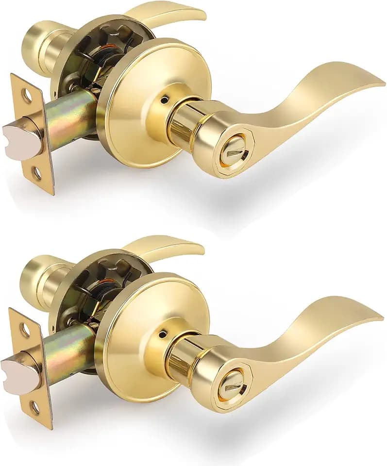 Gobrico Drop Lever Bedroom Bathroom Door Locksets Privacy Locks in Polished Brass,Detachable Latch Plate,Reversible Levers for Right and Left-Handed Doors 2Pack