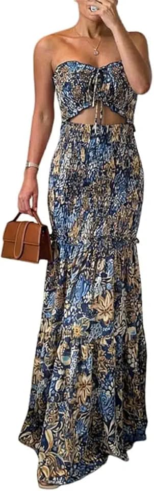 CHICME Floral Vacation Dress Halter Tie Ruched Womens Maxi Dress