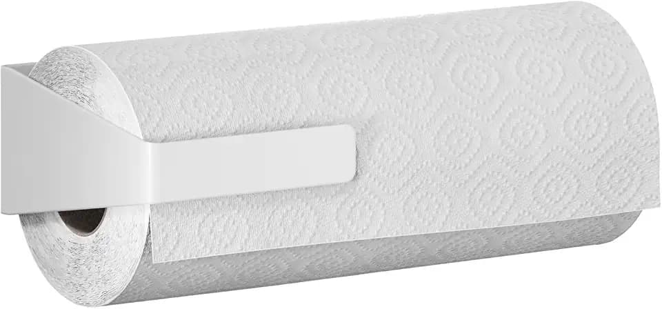 tesa Küchenrollenhalter Wand ohne Bohren – selbstklebender Papierrollenhalter zur Wandmontage horizontal & vertikal – platzsparende Küchenrollen organizer Aufbewahrung – Küchenzubehör in Weiß