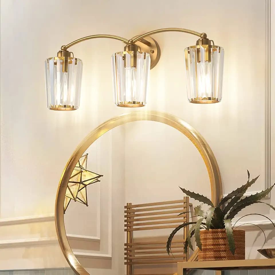 Aipsun Gold Bathroom Light Fixtures 3 Lights Crystal Vanity Light Fixtures Modern Crystal Wall Lights for Bathroom E26 Base (Exclude Bulb)