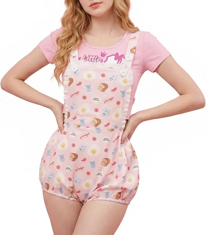 CutiePlusU Cotton Short Overalls Shortalls Button Crotch Onesie for Women- Printed Overalls