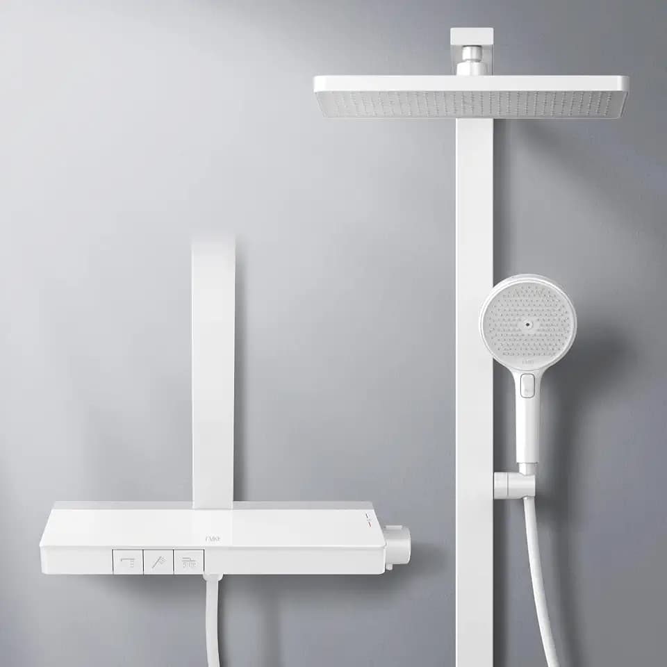 EMKE Duschsystem mit Thermostat Duschset Duschsäuleset mit 40cm Thermostatische Platte, Brausestange, Handbrause mit 4 Strahlstärken, Duschsystem, Regendusche mit Armatur, Weiß Matt