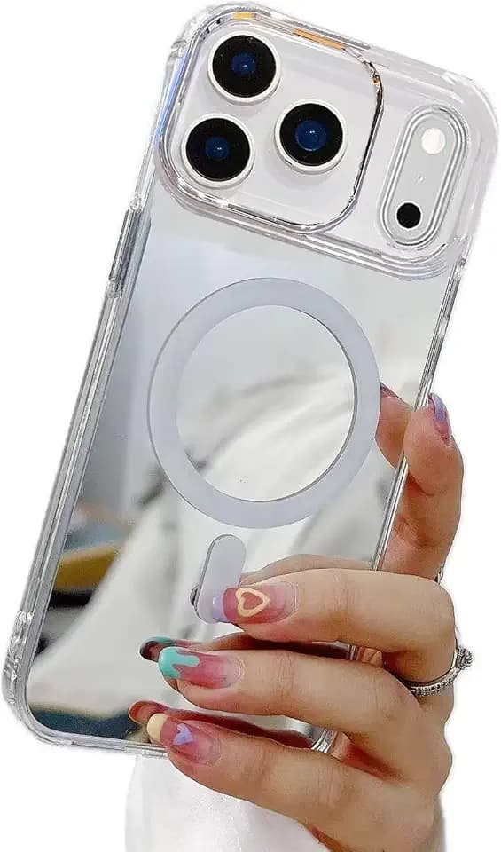 Miagon Mirror Magnetic Case for iPhone 18 Pro Max/iPhone 17 Pro Max,Cover [Compatible with Magsafe] Makeup Mirror Effect Bright Reflection Plating Bumper Back Rubber Phone Case Silver