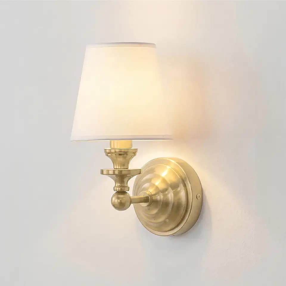 Antique Linen Shade Wall Sconce- Brass Finish Base and Conical Fabric Shade Wall Light Fixture for Bathroom, Bedroom, Dining Room and Entryway(6.5" D x 11.5" H Brass)
